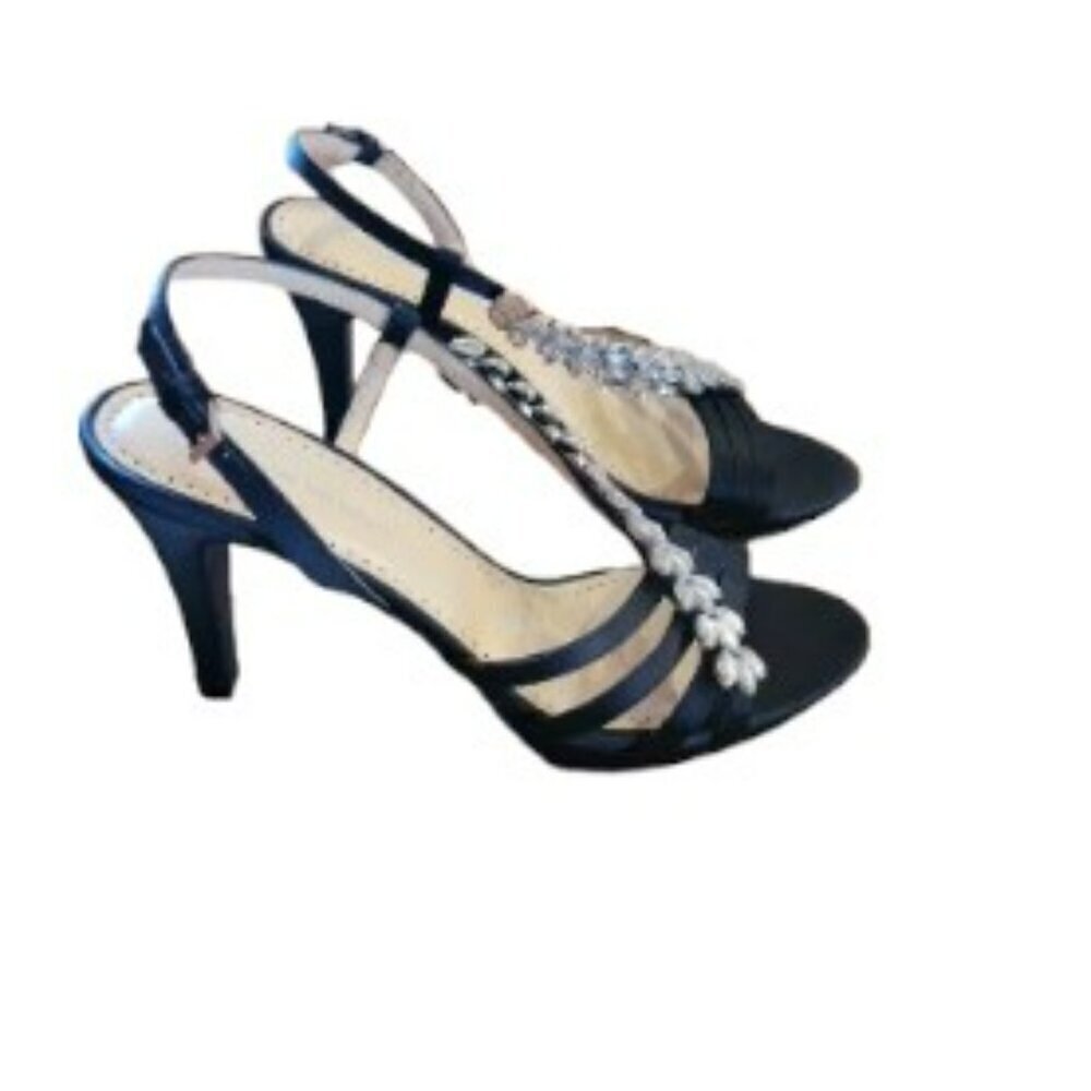 Adrienne Vittadini Black Strappy Crystal Stone Evening High Heels